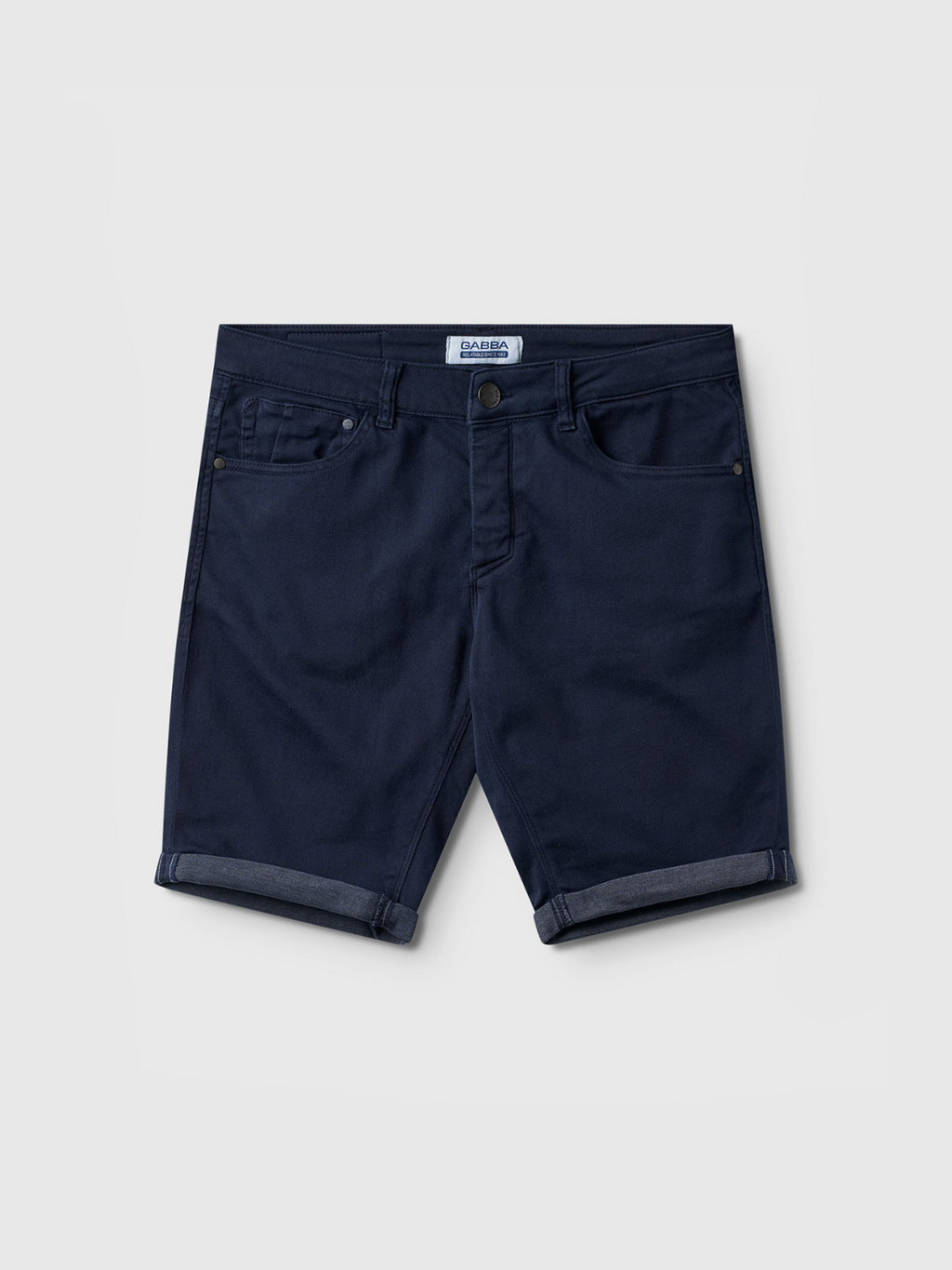 The Gabba Jason K3995 SANZA Shorts in navy feature a knee-length design, rolled cuffs, front and back pockets, and button closure. Made from super-stretch denim, theyre shown flat against a white background.