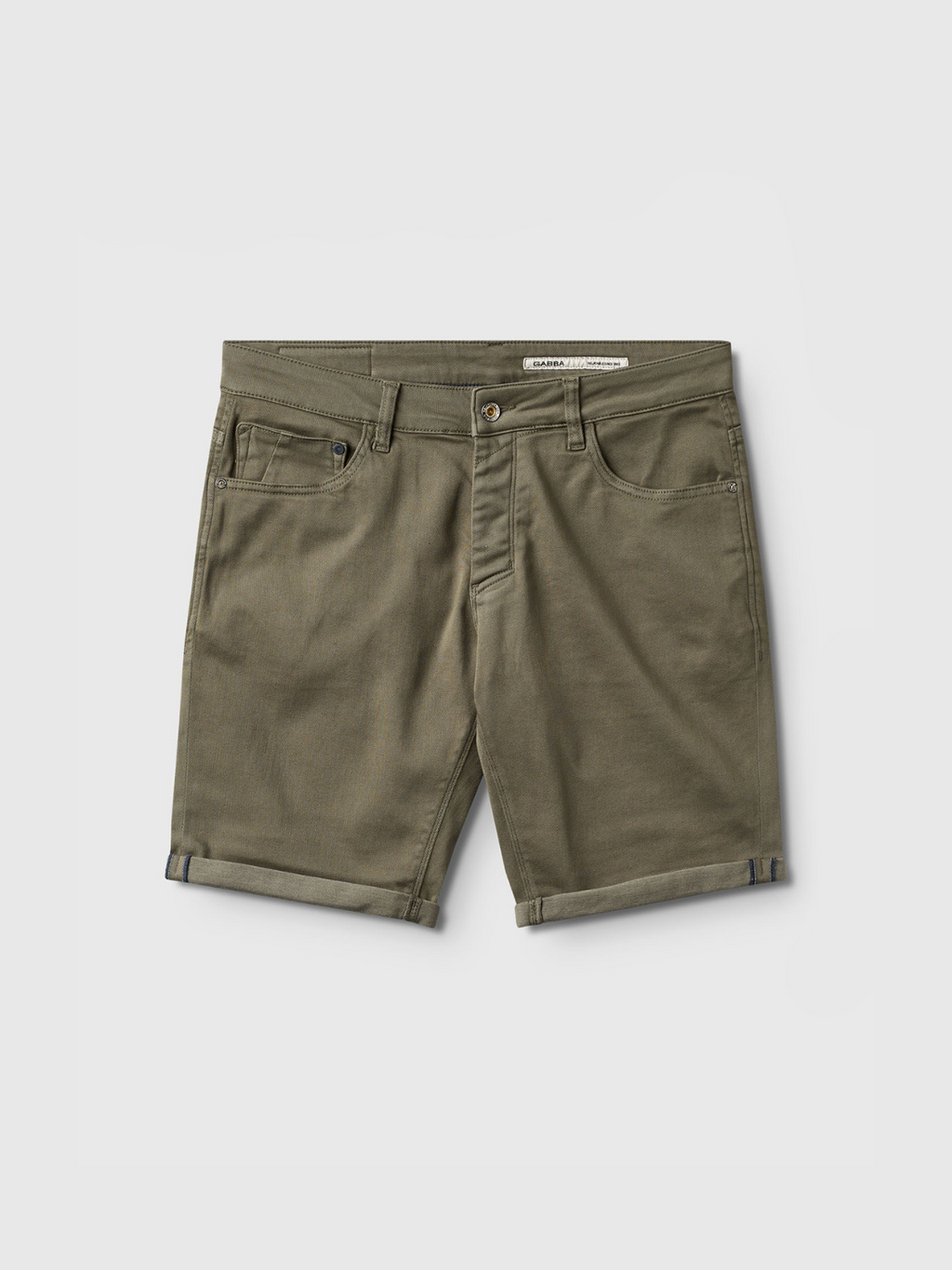 Gabba Jason K3995 SANZA Shorts in dusty olive, made from super stretch denim, feature five pockets, cuffed hems, and a visible waistband label.