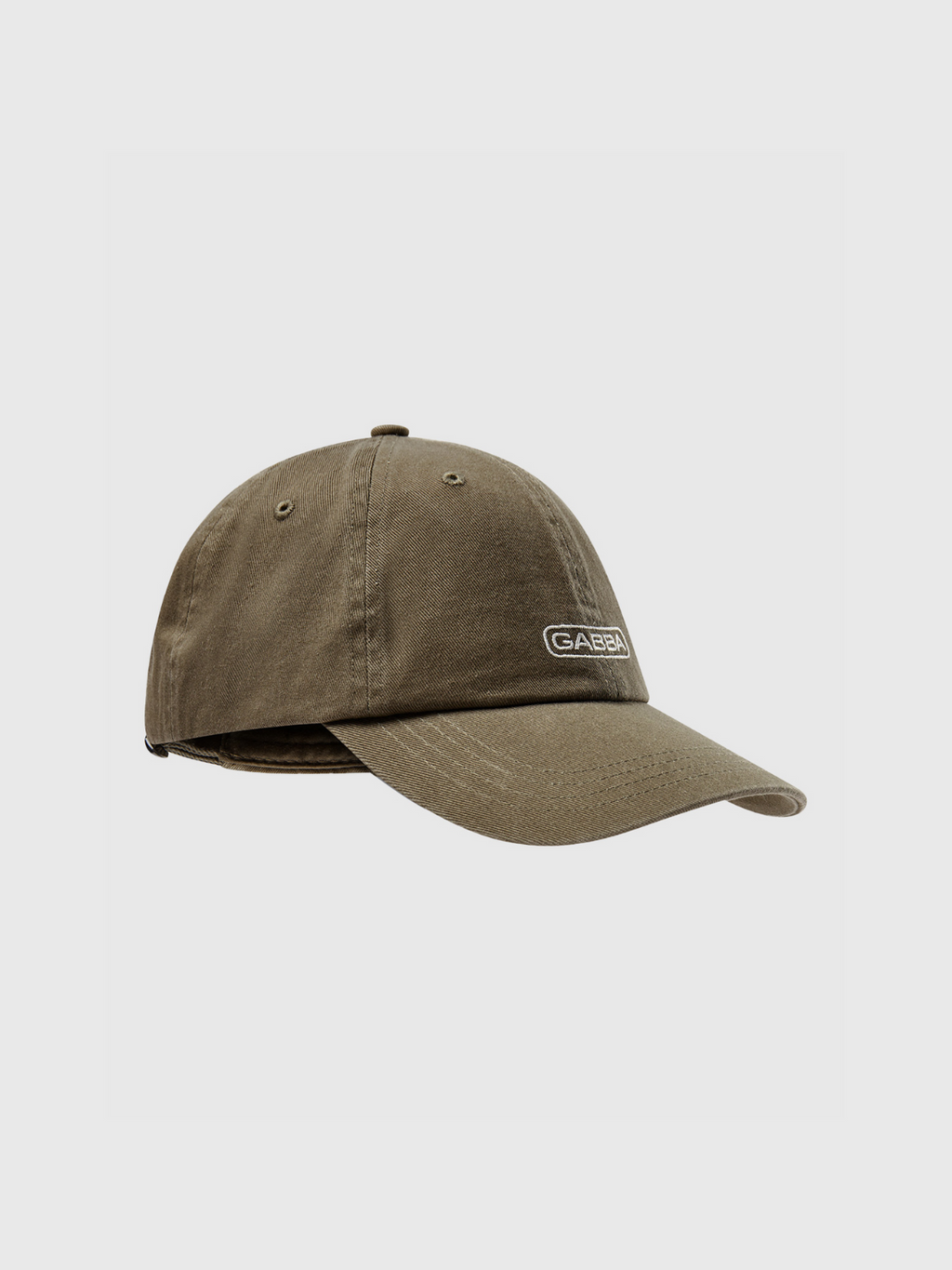 The Gabba Cap - Rosin by Gabba features a classic khaki green design with a curved brim and white embroidered GABBA patch, shown on a plain light gray background for a comfortable fit.