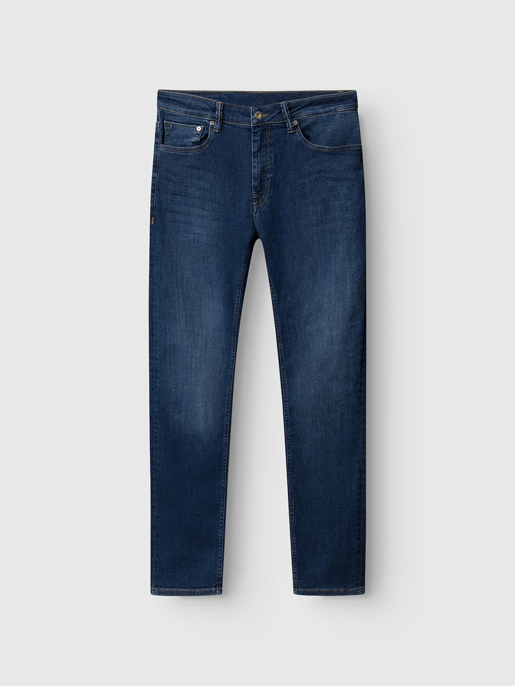 Gabba Jones K3870 mid blue denim jeans, featuring a straight-leg fit, classic five-pocket design, and reinforced pockets, are laid flat on a light gray background.