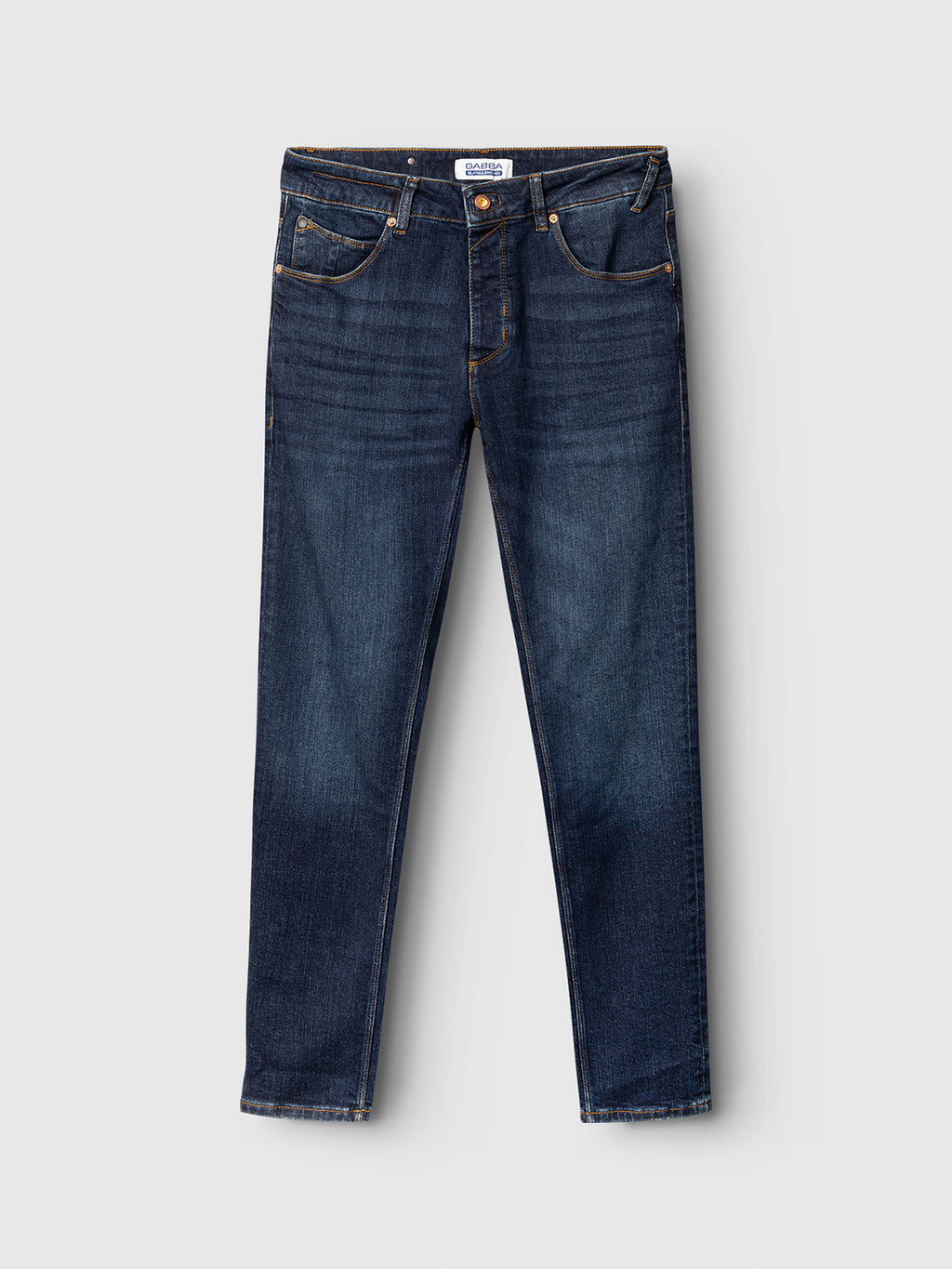 The Rey K4441 - Mid Blue Denim jeans by Gabba boast a classic five-pocket design, button closure, and belt loops for a laid-back style. Displayed on a plain white background, they exude timeless appeal.