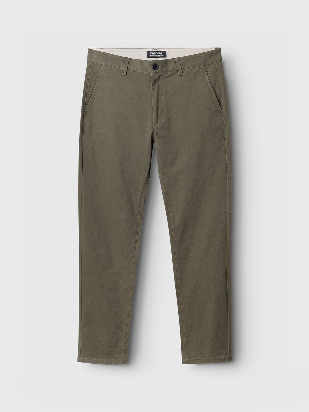 The Venza Chino in olive green by Gabba is a mens wardrobe staple with front pockets, belt loops, and a button closure. Displayed on a white background, these regular fit pants offer a casual yet sleek design.