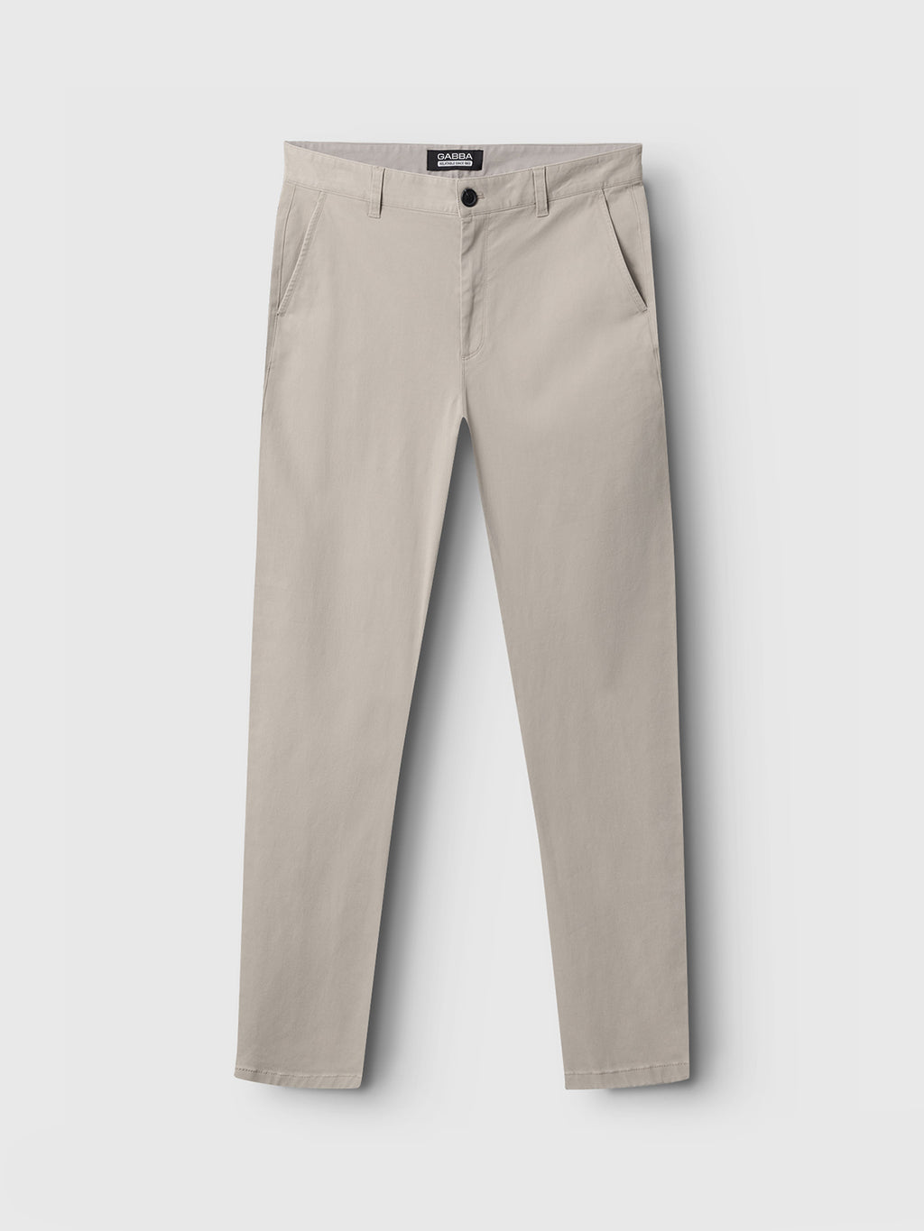 The Venza Chino - Lt. Sand by Gabba, displayed on a white background, features a button and zip closure with two side pockets and a leather tag at the waistband. These regular-fit pants are essential for any mens wardrobe.