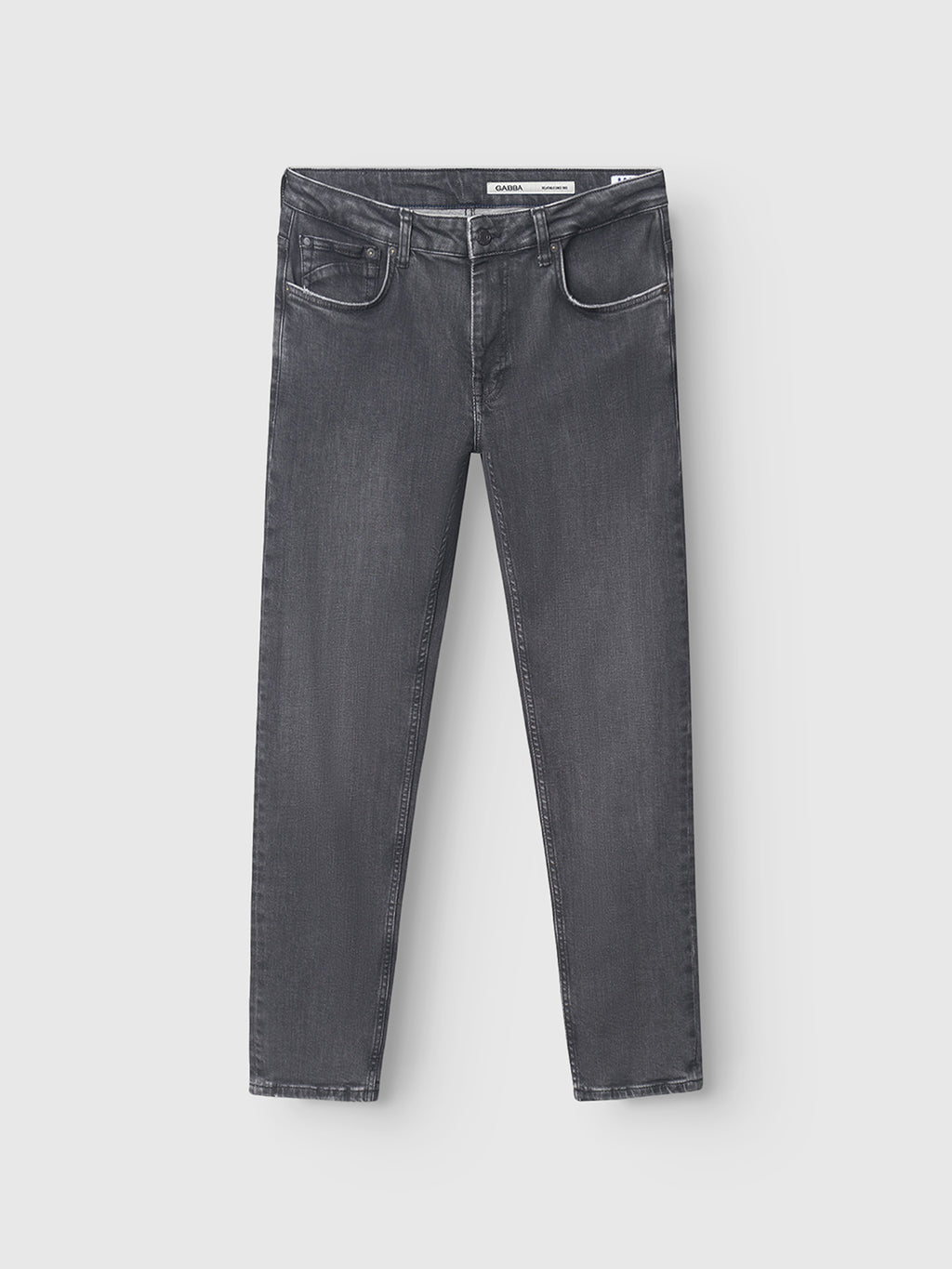 The Gabba Marc F1011 - Black Denim jeans, featuring a regular fit, straight-leg cut, and classic five-pocket design, are shown laid flat on a light gray background.