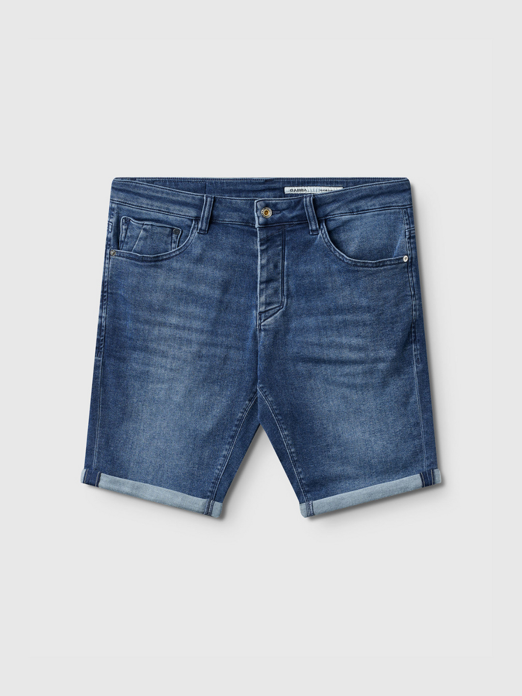 The Gabba Jason K3787 SANZA Shorts in mid blue denim feature rolled-up hems, classic five-pocket styling, and a button closure in super-stretch fabric—perfect for spring and summer. Displayed flat on a plain white background.