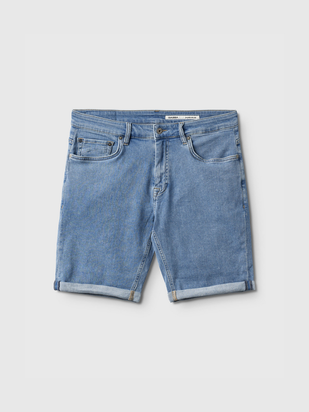 Gabba Markus K3987 Shorts in light blue denim feature rolled cuffs, five pockets, and a button closure, designed for comfort and shown laid flat on a white background.