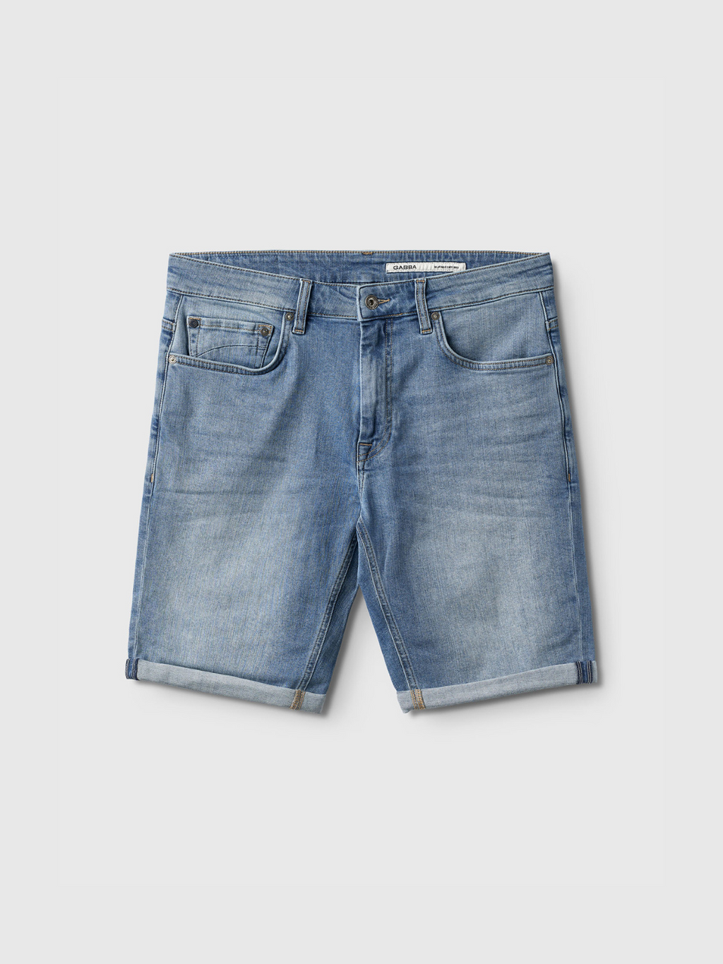 Gabba Markus K4664 Shorts in light blue denim feature a comfortable fit, rolled hem, five pockets, and visible stitching, shown laid flat on a white background.