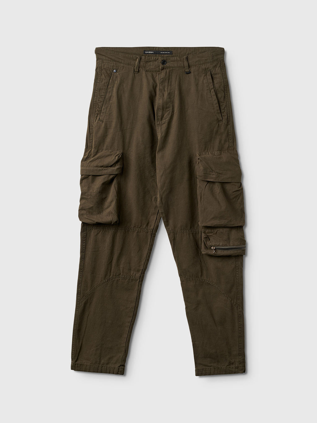 The Gabba Rodi Cargo Pant in Grape Leaf is crafted from durable cotton and features multiple cargo pockets, including two large side ones and a smaller right zippered pocket. They have a button and zip closure, showcased laid flat on a light grey background.