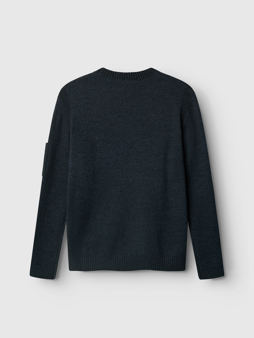 The Gabba Luca Ls - Navy sweater is shown flat against a light gray background, back view, with ribbed cuffs, hem, and neckline that showcase its premium wool yarn texture.