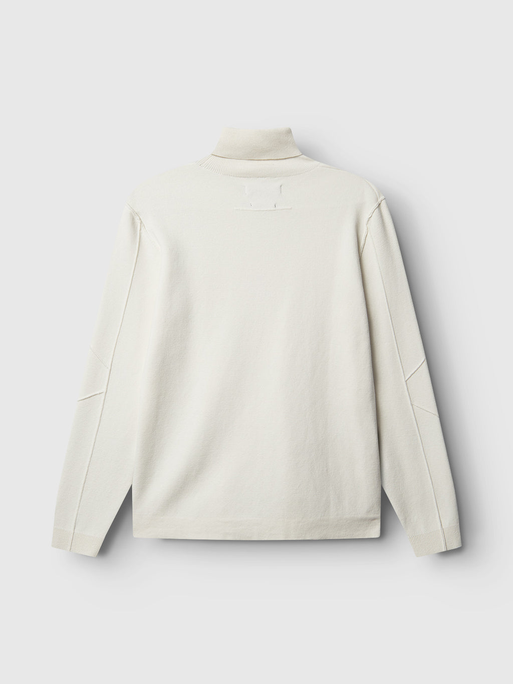 The Gabba Blanko High LS - Off White is an elegant light beige turtleneck sweater made from Milano knit. It features seam-detailed long sleeves and is perfect for any stylish wardrobe, shown from the back against a plain background.