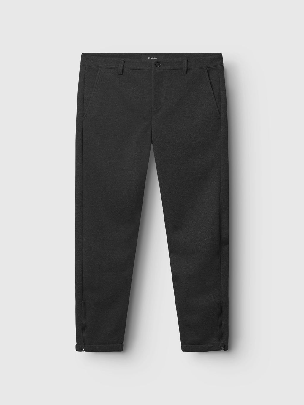 Gabbas Pisa GKnit dark grey tailored pants are crafted with an innovative structure fabric, featuring side pockets and a button and zip closure, showcased on a plain light gray background.