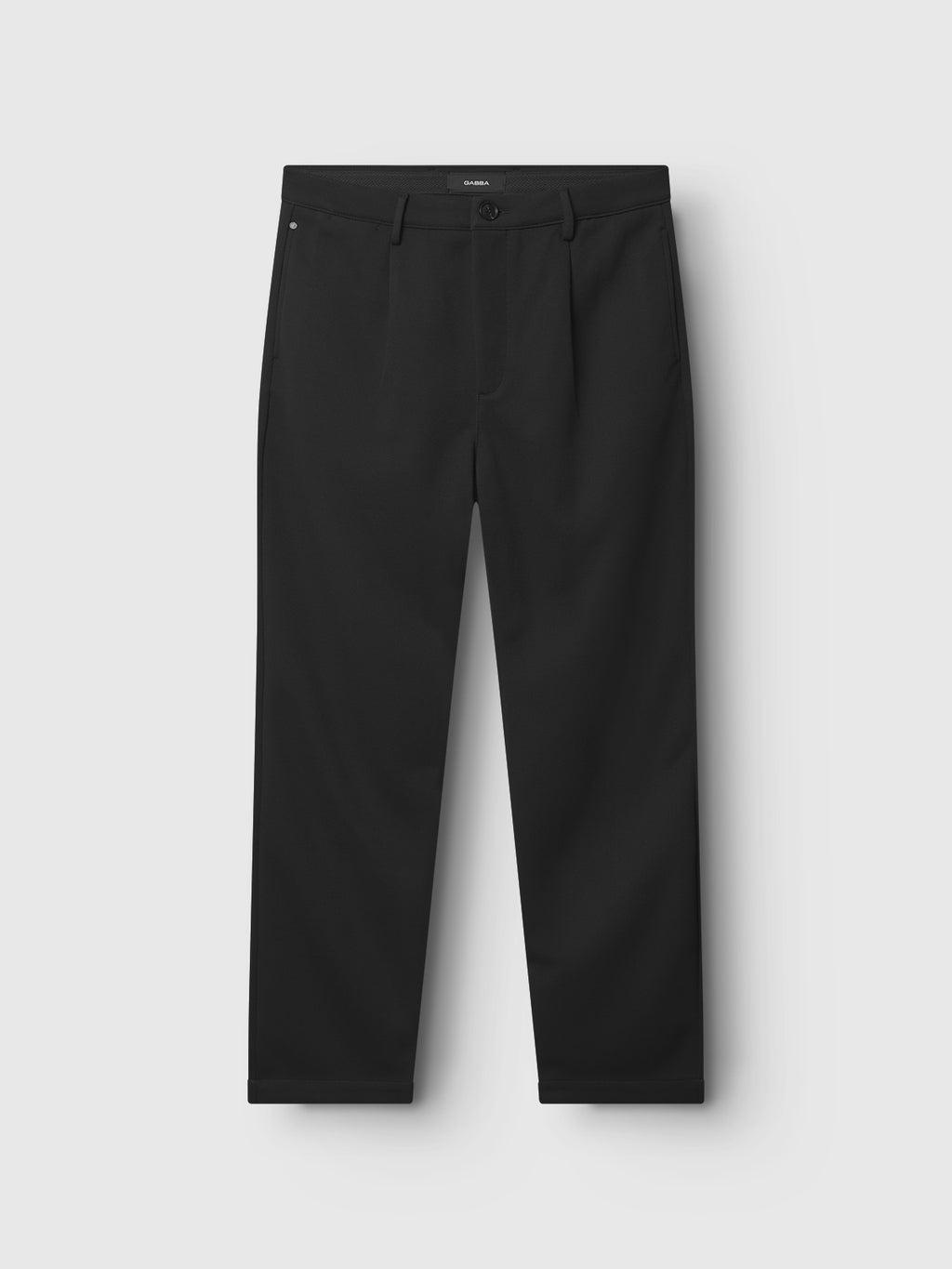 A pair of Gabbas Verona GKnit - Meteorite pants is shown against a white background. These dress pants feature a straight-leg design, a loose fit with a button waist closure, and subtle front pleats for an elegant appearance.