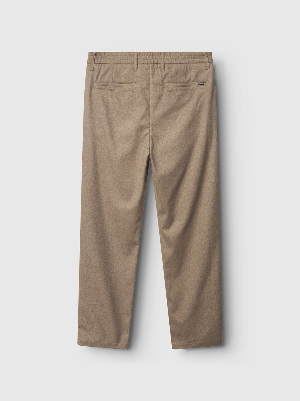 The Monza Shafi - Brown pants by Gabba are brushed cotton with a khaki hue, shown from the back. They feature two rear welt pockets, a subtle brand tag above the right pocket, a relaxed straight fit, and an elastic waistband detail.