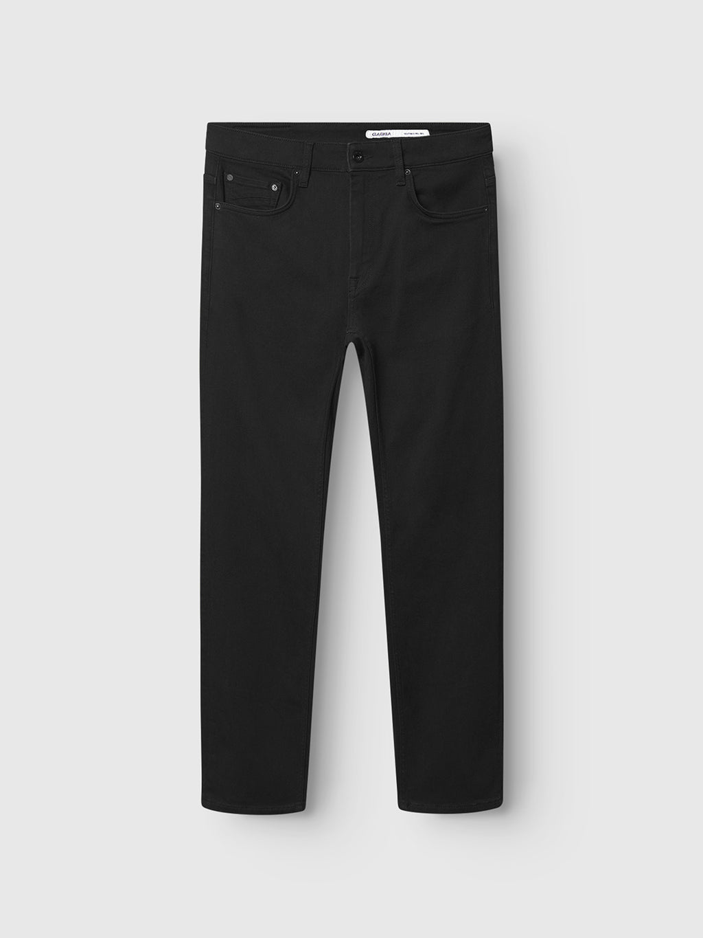 A pair of Gabba Marc Sword - Black Denim straight-leg jeans with five pockets, laid flat on a light gray background—where modern elegance meets edge.