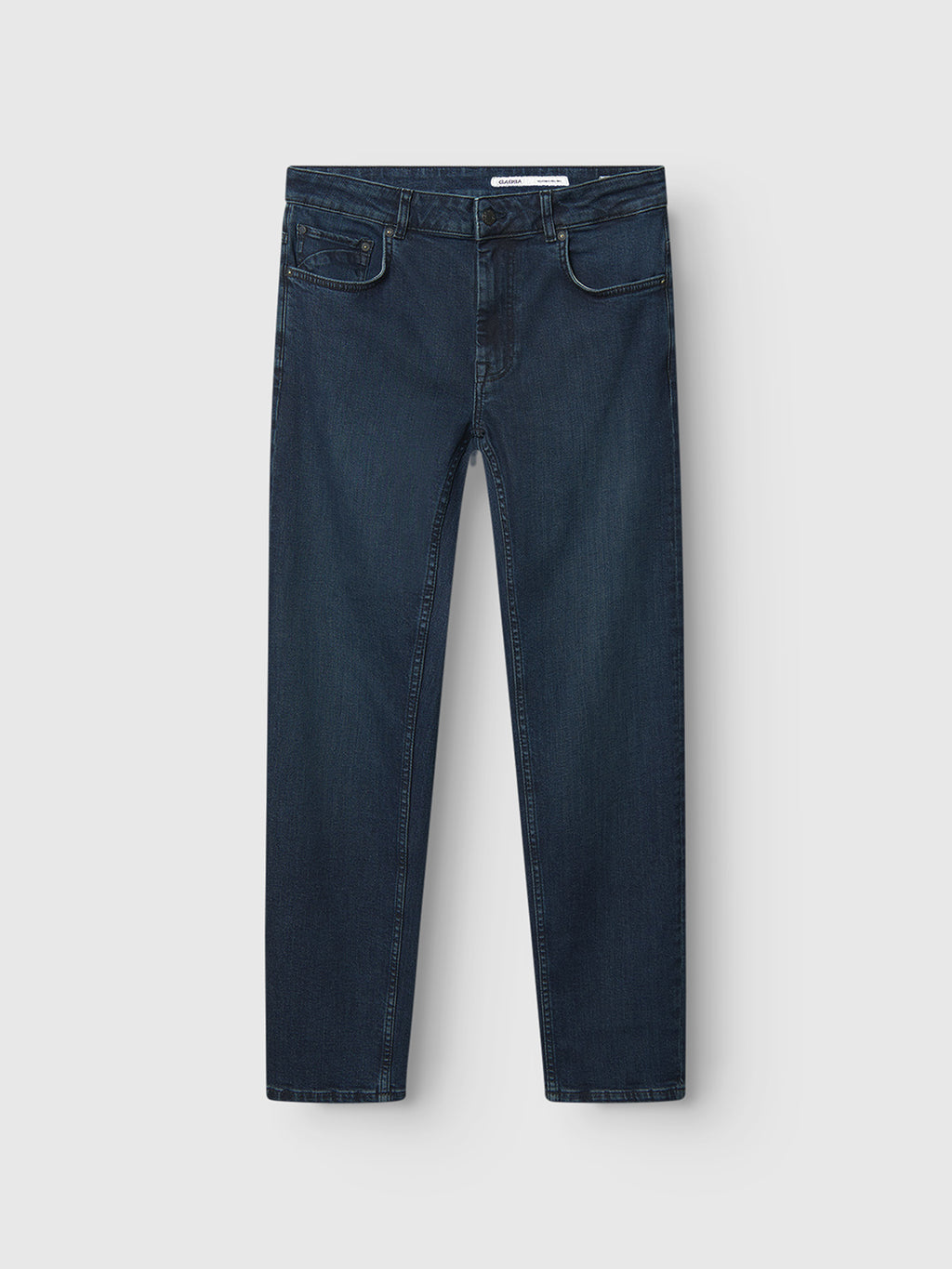 Gabba Marc Mego dark blue denim jeans with a classic five-pocket design and straight-leg cut, shown laying flat on a white background.