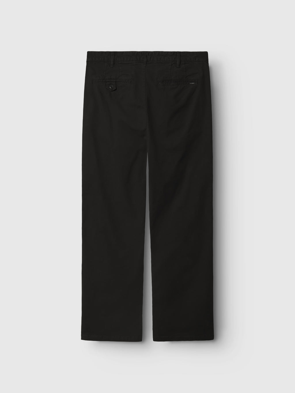 The rear view of Gabbas Verona Ent - Meteorite showcases a contemporary look with a smooth, slightly shiny finish. These black pants feature a loose, straight fit, two back pockets (one buttoned), and belt loops at the waist against a light gray backdrop.
