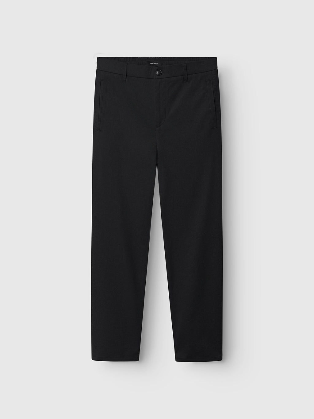 The Gabba Napoli 19 Domo - Black pants are showcased on a light gray background, featuring a classic look with comfort and elegance. They have a button and zip closure, two front pockets, and two back pockets for a minimalist style.