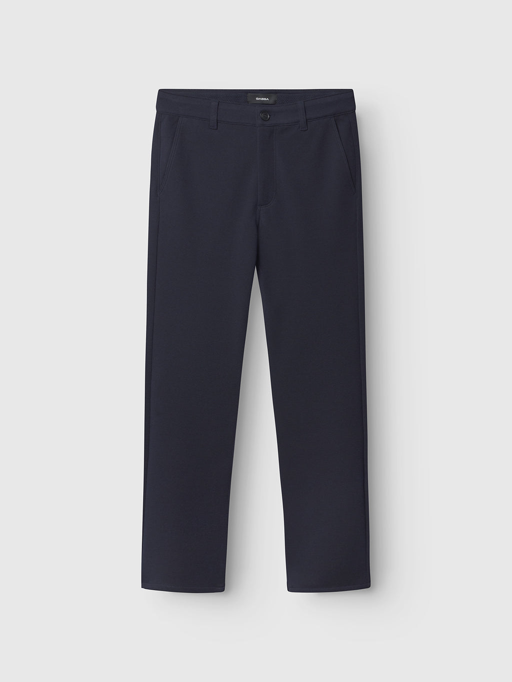 The Venza GKnit - Navy pants by Gabba feature a regular straight fit with button and zip closure, side pockets, and belt loops. Made from innovative structured fabric, these timeless pants contrast elegantly against a plain white background.