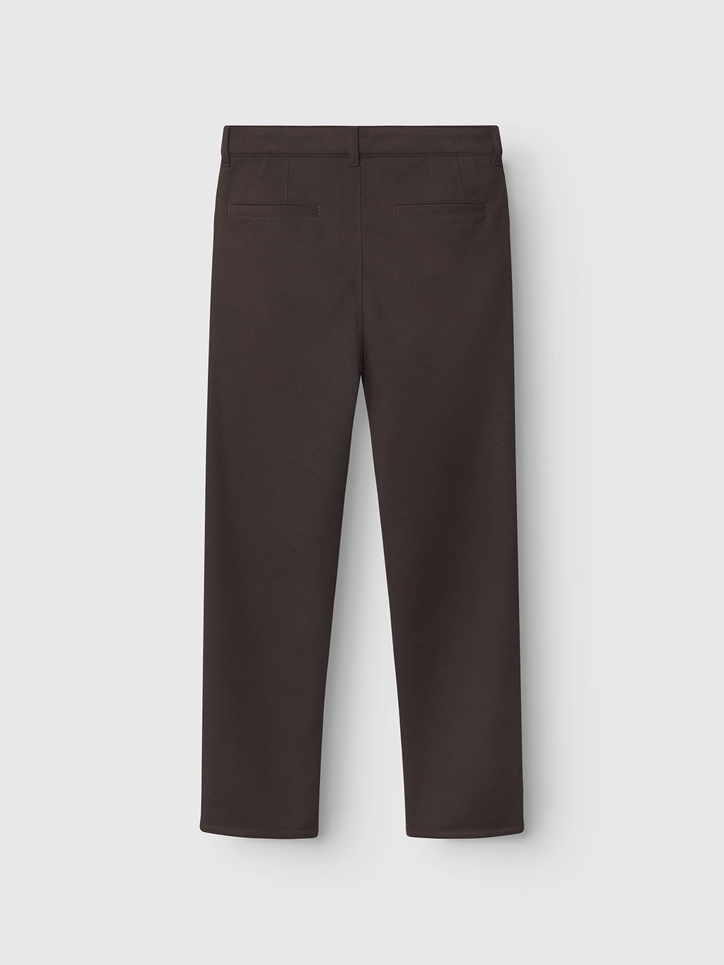 Back view of the Gabba Venza GKnit - Brown straight-leg trousers against a light gray background. These structured fabric trousers feature two back welt pockets, combining style and durability.