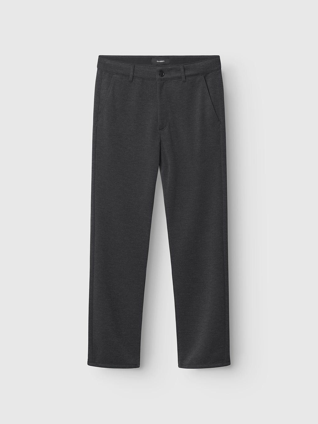The Gabba Venza GKnit in dark grey, showcased on a light grey background, are classic straight-fit dress pants with an innovative structured fabric. They feature side pockets, belt loops, and a button closure at the waist.