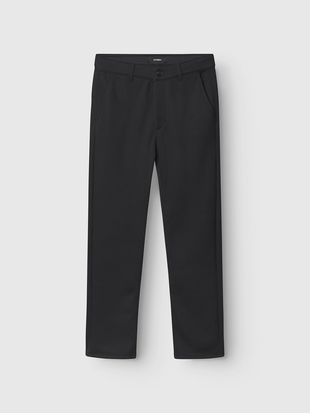 The Gabba Venza GKnit - Meteorite are black straight-fitted trousers with a button and zip closure, crafted from innovative structured fabric. They feature side pockets and are displayed on a light grey background.