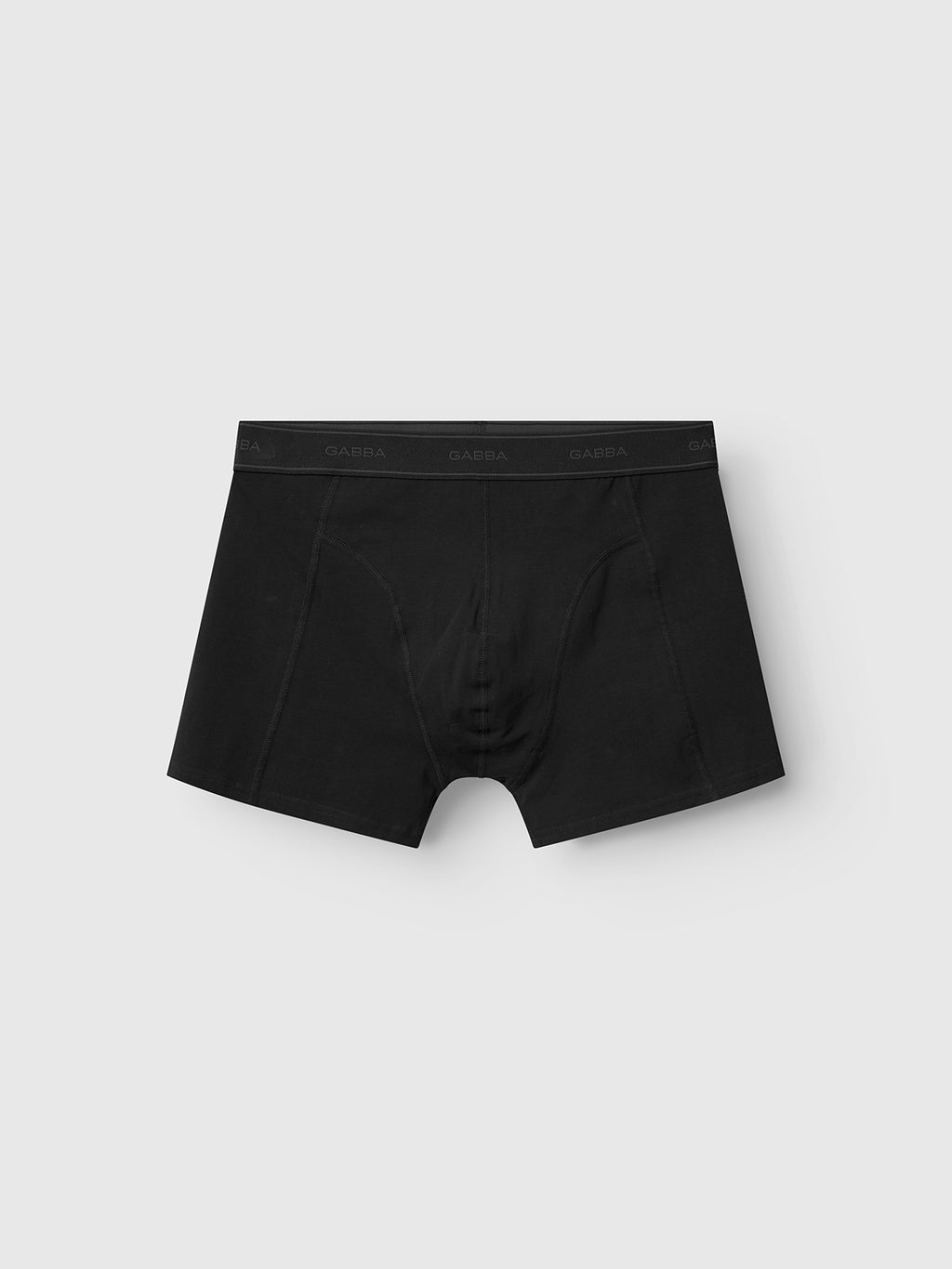Black Trunk New mens boxer briefs by Gabba, set against a gray backdrop. They feature an elastic waistband with the subtle Gabba logo in matching black, offering a simple and modern design.