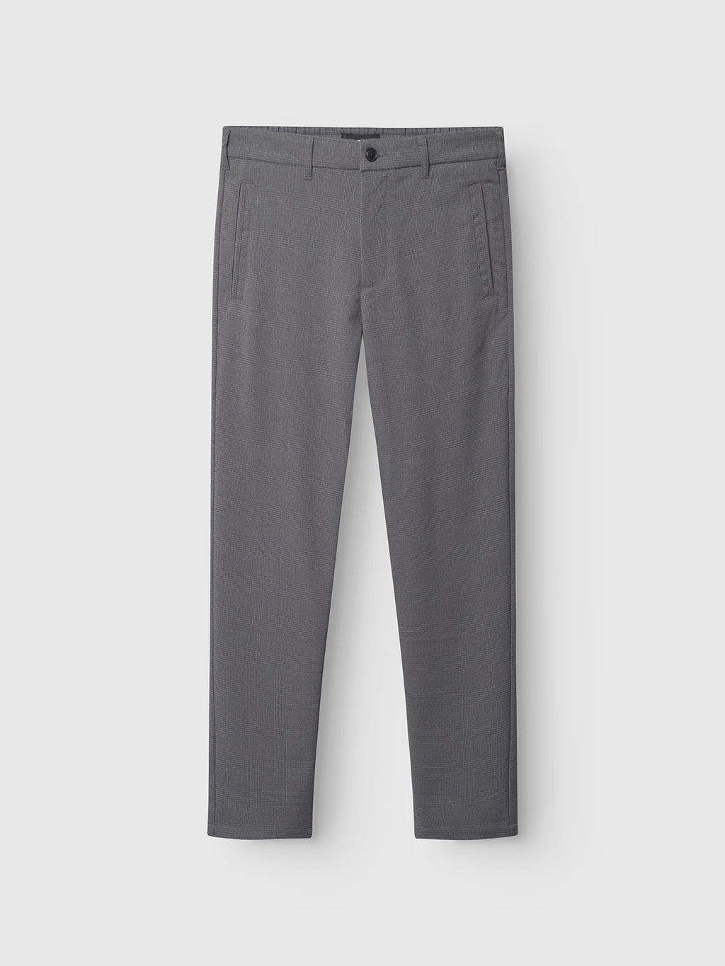 The Napoli 19 Field - Grey pants by Gabba are displayed flat against a light gray background. Known for comfort, these gray dress pants feature a buttoned waistband, two vertical side pockets, and belt loops in a classic style.