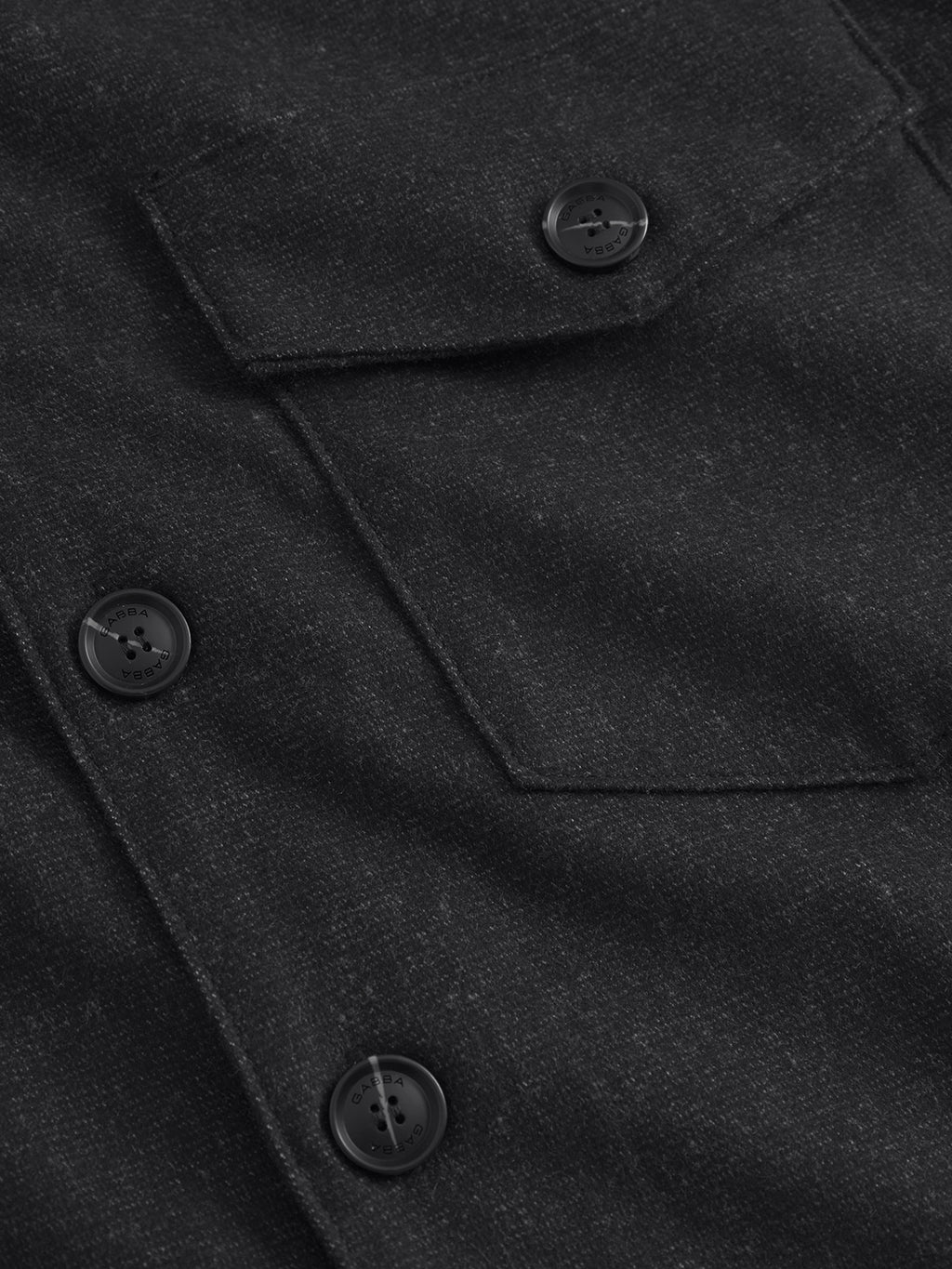 Close-up of the Clipper Shafi - Black coat by Gabba, highlighting its dark gray, wool-like fabric and black buttons. The design features dual chest pockets and a flap pocket, accentuating the texture and intricate stitching details.