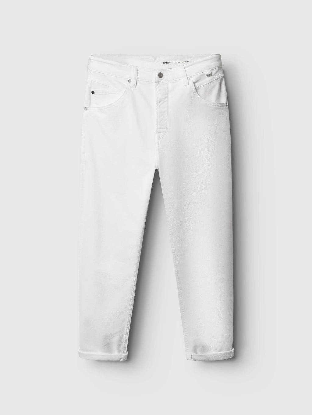 The Alex Monte white denim jeans by Gabba, complete with a classic five-pocket design and large back pockets, are shown folded on a light grey background. Their button closure and visible stitching add to their clean, modern appeal, ideal for a casual style.