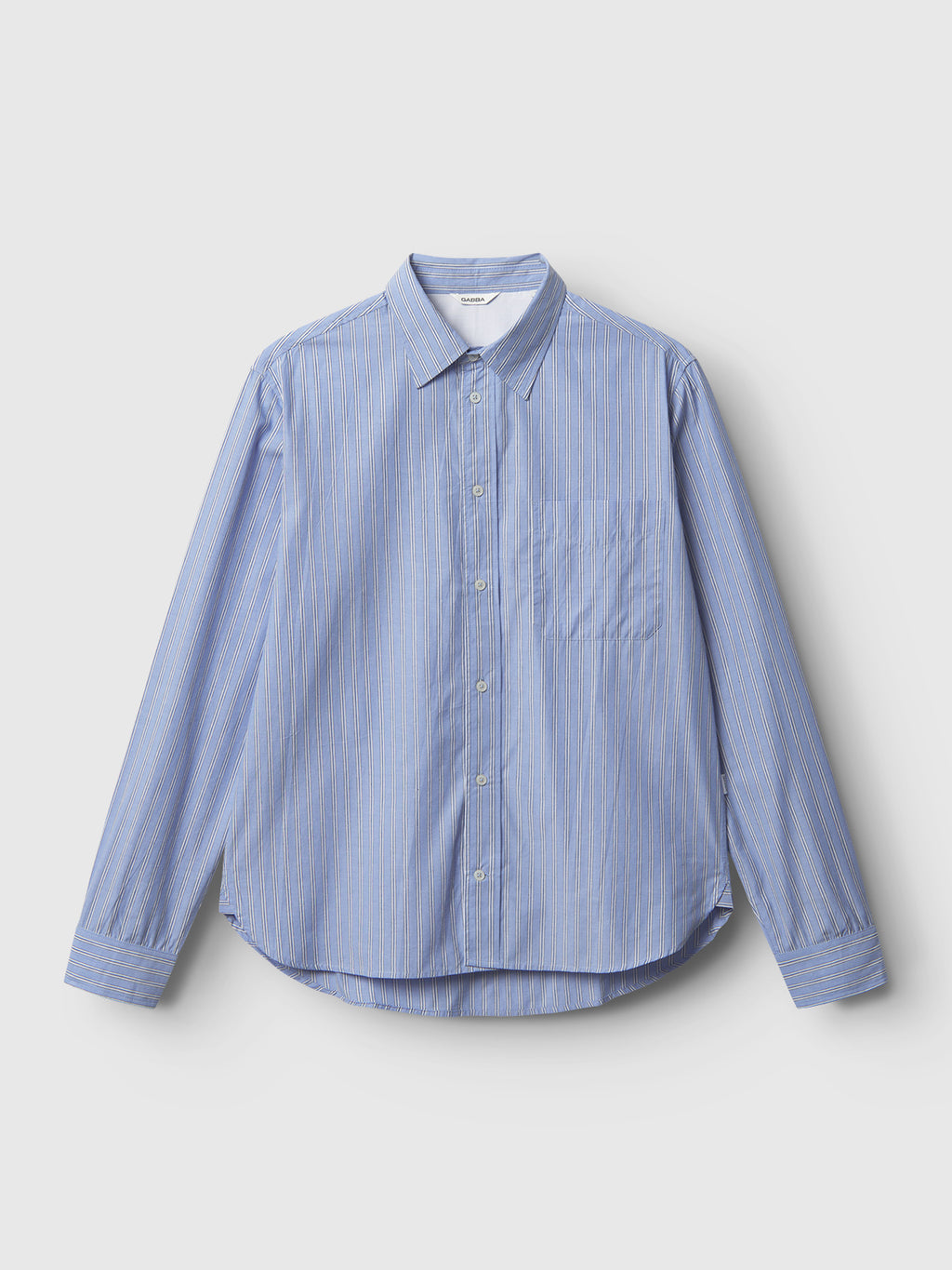 The Gabba Sven Reg. Form LS is a premium, 100% cotton shirt featuring yarn-dyed blue stripes, long sleeves, a classic collar, and a chest pocket on a light gray background.