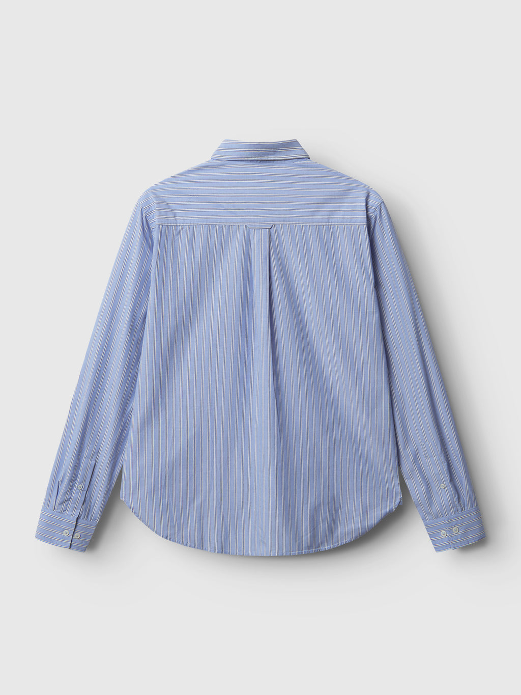 Back view of the Gabba Sven Reg. Form LS - Blue Stripe shirt, featuring 100% cotton yarn-dyed thin white vertical stripes on blue, with a collar and buttoned cuffs, displayed against a plain light gray background.