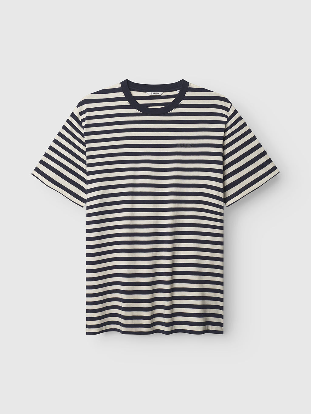 The Gabba Dune Logo Stripes SS GOTS T-shirt in Navy Stripe, made from 100% organic cotton, features a round neckline and short sleeves with black and white horizontal stripes on a white background.