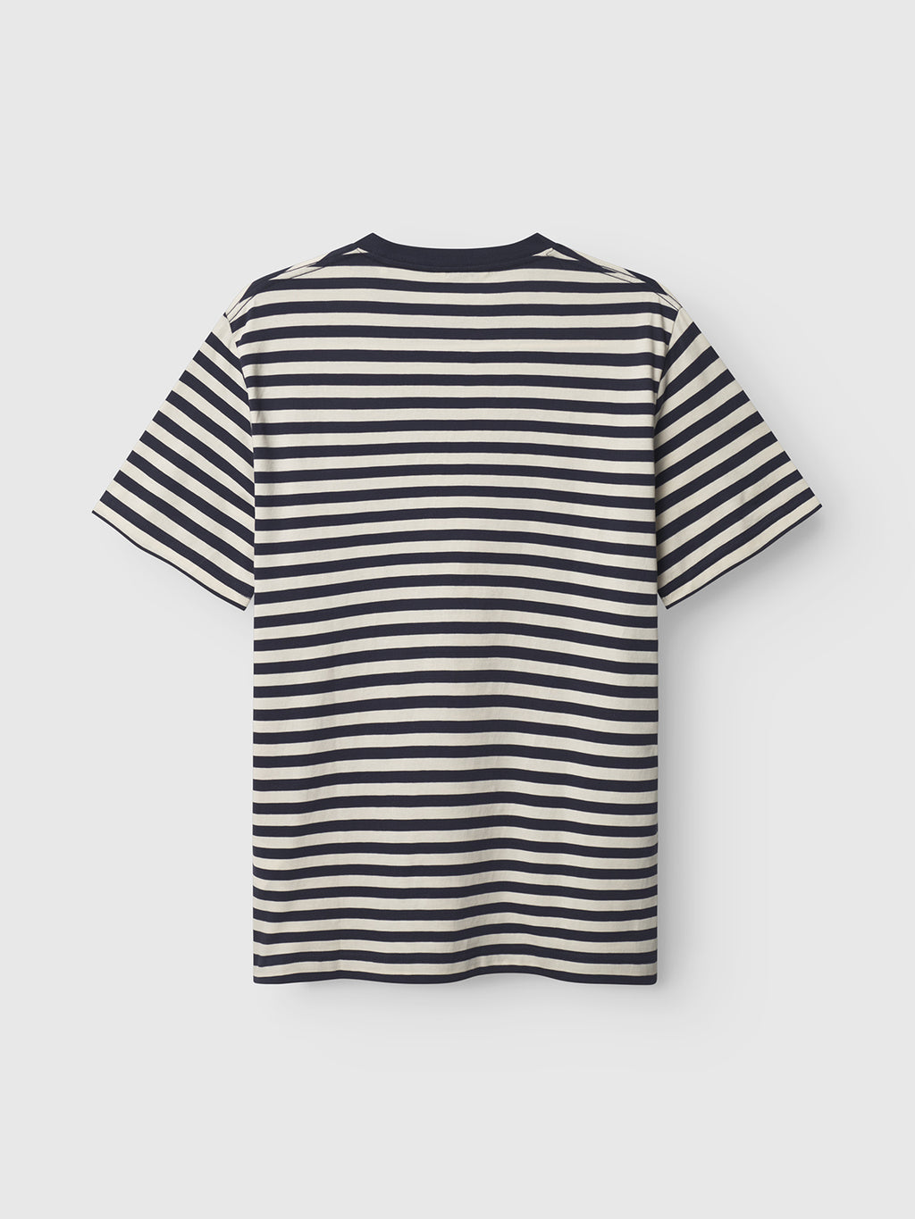 The Dune Logo Stripes SS GOTS - Navy Stripe by Gabba is a short-sleeved, 100% organic cotton T-shirt featuring navy and white horizontal stripes of varying thickness on a plain white background, with the back side shown when laid flat.