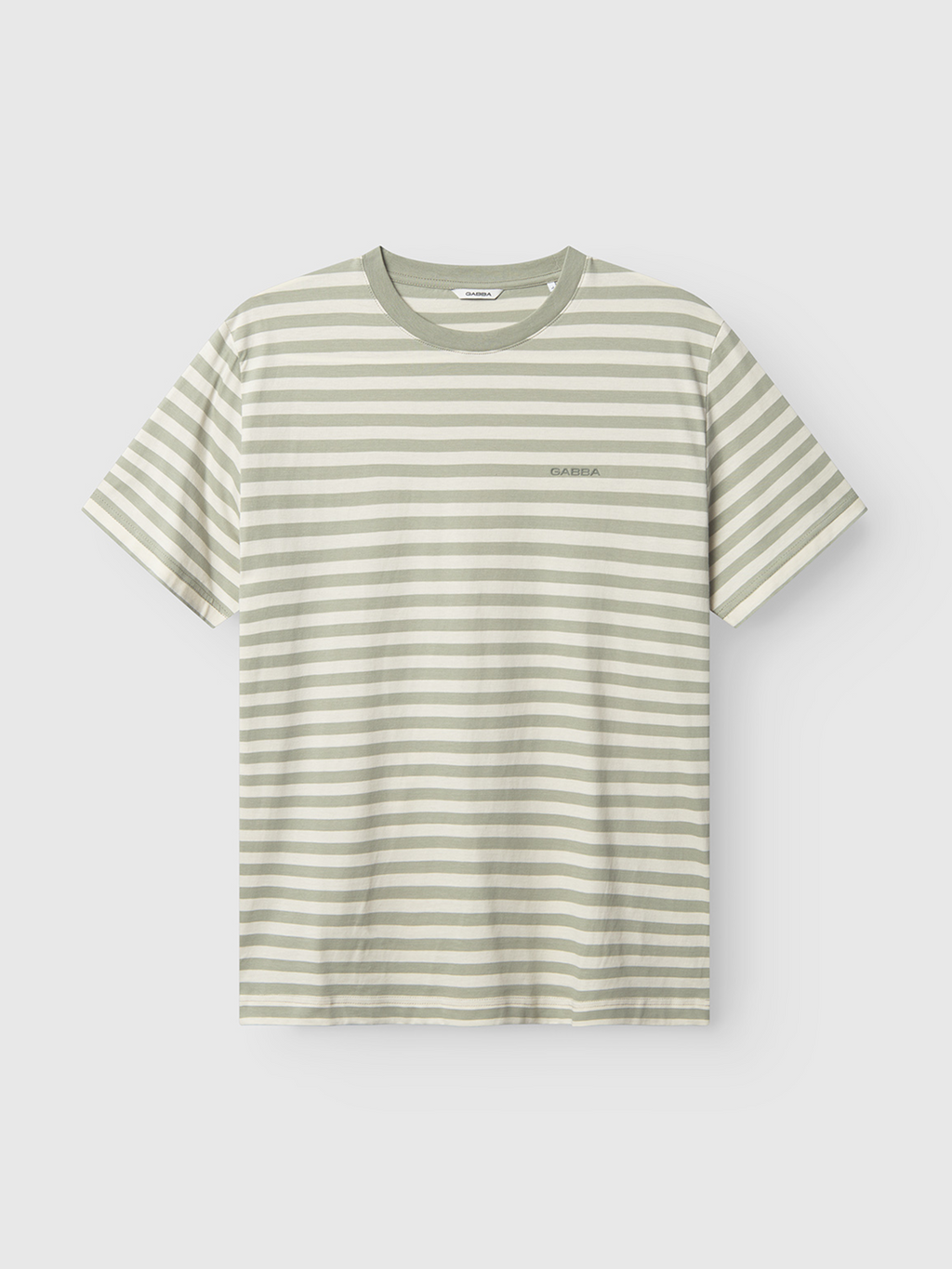 Gabbas GABDune Logo Stripes SS GOTS - Green Stripe is an organic cotton short-sleeve tee with light green and white horizontal stripes, a green crew neck, and a small chest logo, shown on a plain white background.