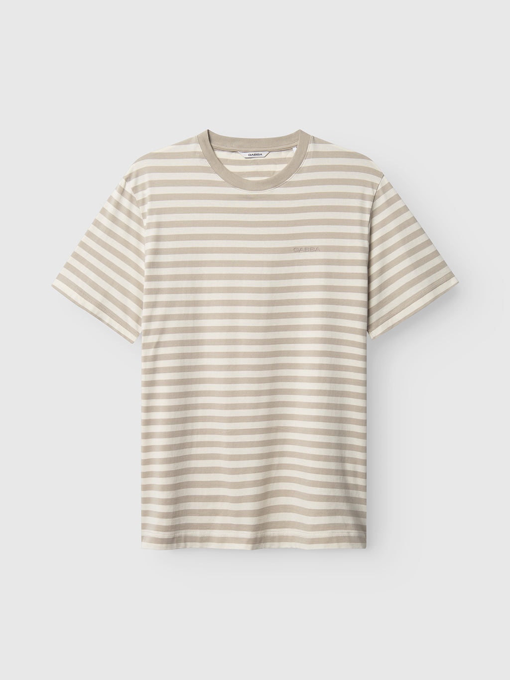 The Gabba Dune Logo Stripes SS GOTS T-shirt in beige stripe offers a casual design with horizontal stripes, a round neckline, and a classic fit. Made from organic cotton, it is showcased against a light, plain background.