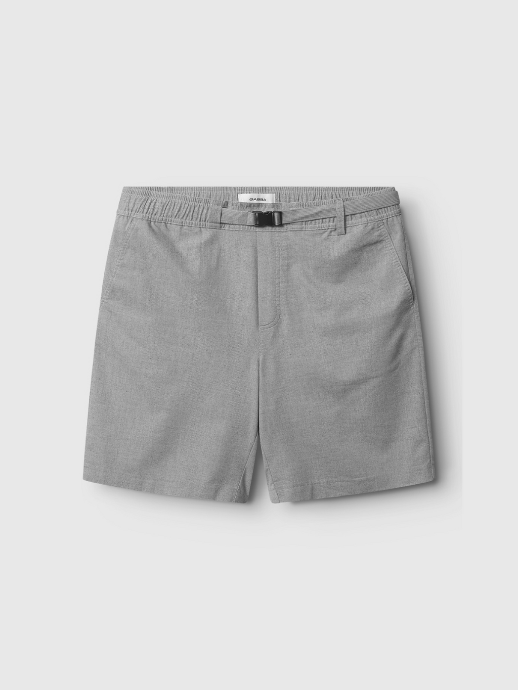 Gabba Coz Belt Carre Shorts in light grey for men, featuring an elastic waistband, unique belt strap, side pockets, and a tailored look, shown on a plain white background.