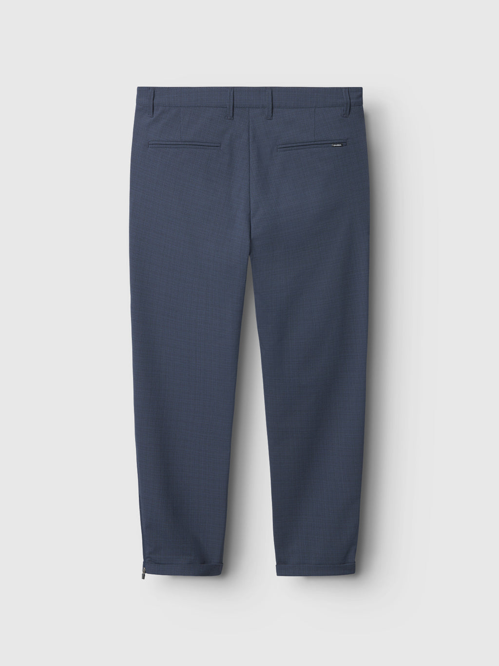 Rear view of Gabbas Pisa Bedda - Navy trousers on white background; metro style with straight cut, two back pockets, and crafted from high-stretch cotton-blend with a subtle textured pattern.