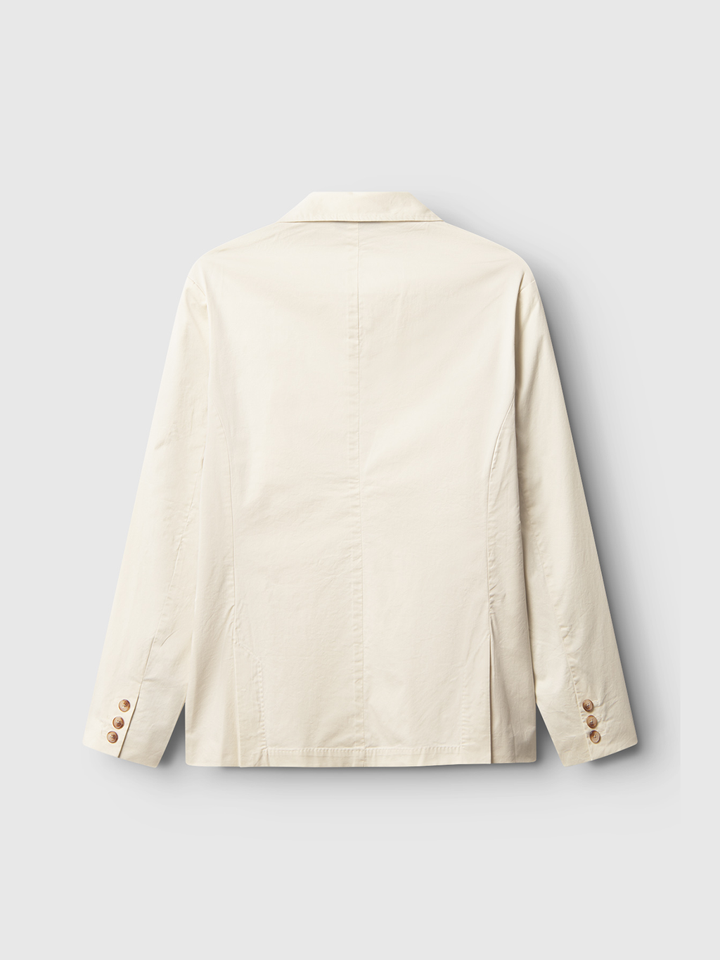 The Josh Unite - Beige blazer by Gabba is shown from the back, featuring long sleeves with three brown cuff buttons and a regular fit in soft cotton stretch fabric against a plain light background.
