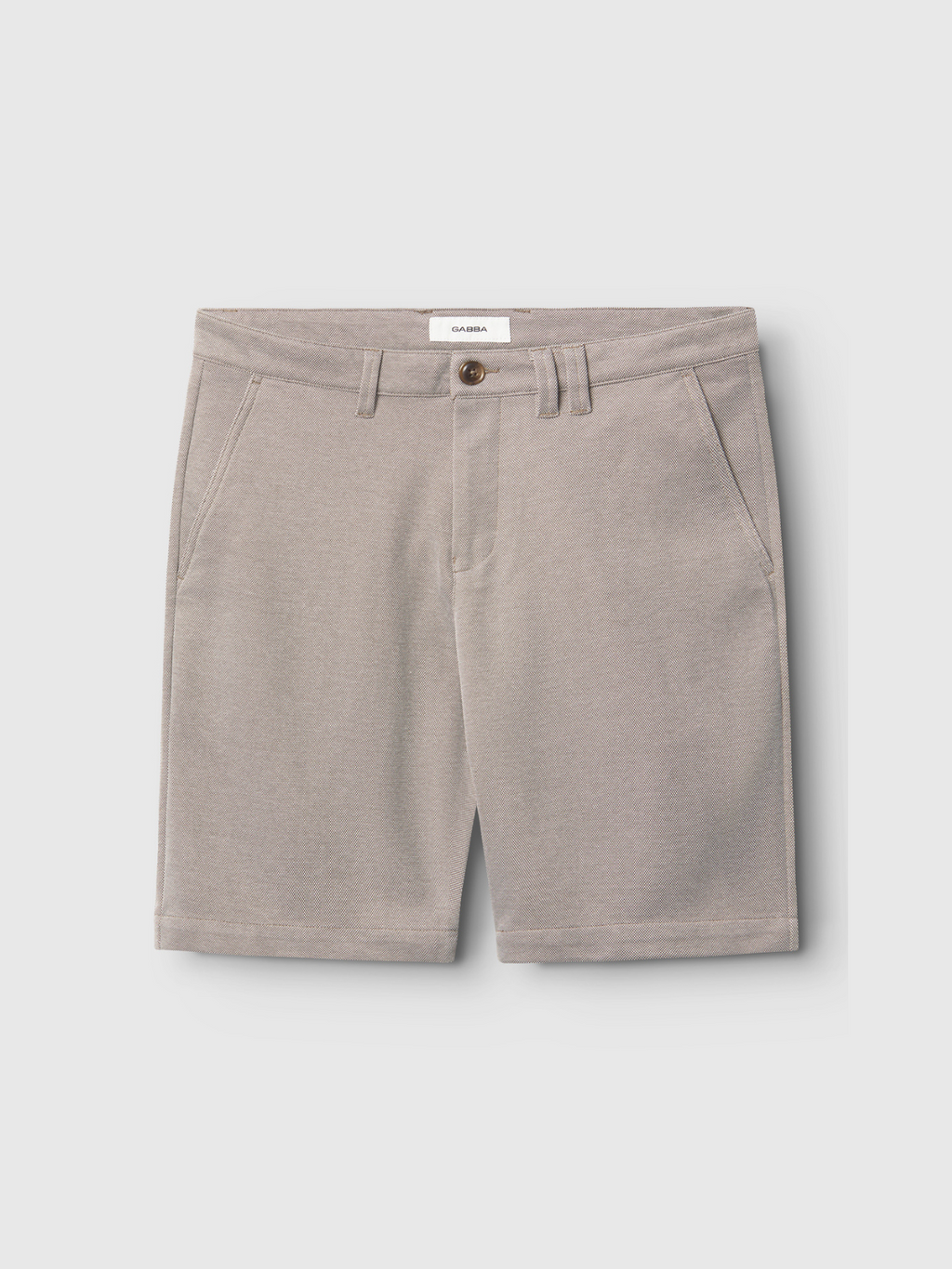 Gabba Jet Tink - Khaki men’s shorts in light gray feature side pockets, belt loops, a front button, and a zipper fly for comfort and durability. Displayed against a plain white background.