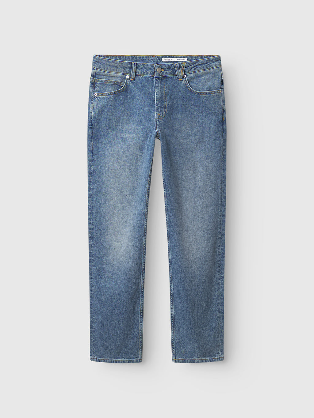 The Gabba Marc 5poc jeans in mid blue denim feature a regular fit, straight-leg cut, slim thigh, five pockets, and a button-zip closure—shown flat on a white background for a modern classic style.