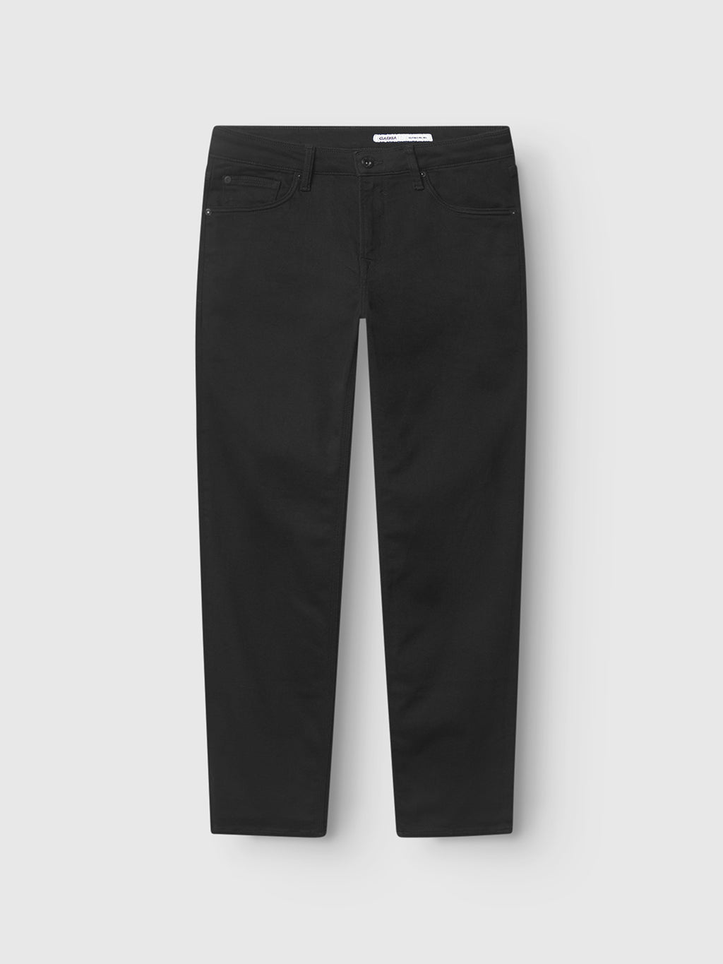 The Gabba Max Sword - Black Denim jeans laid flat on a light gray background, featuring a modern slim fit, classic five-pocket style, belt loops, and a sleek black wash.