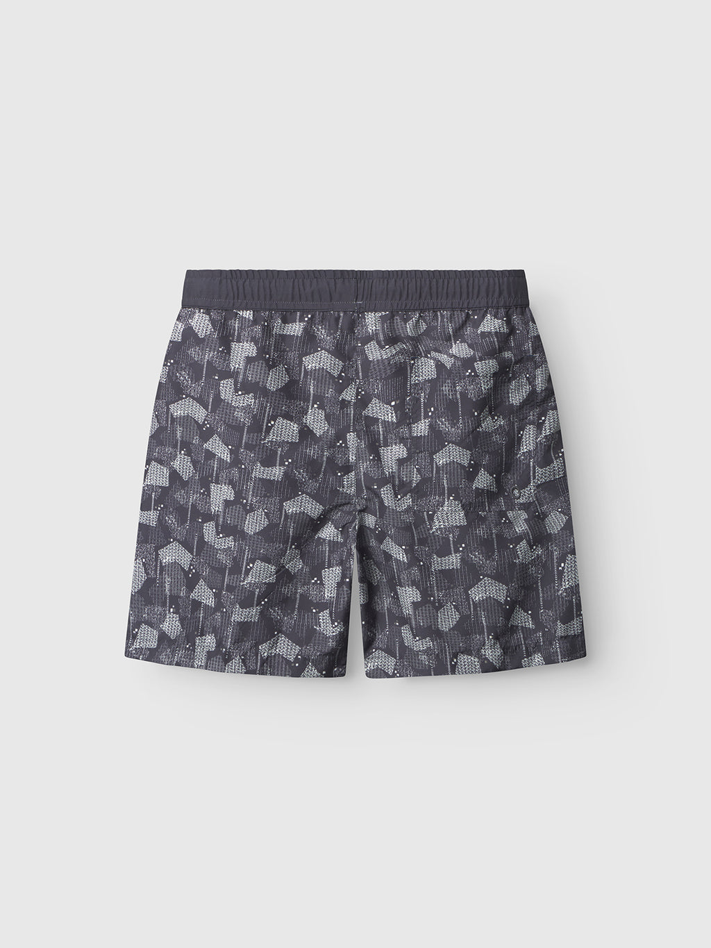 The Gabba Jackson Print swim shorts feature a blue pattern and an elastic waistband for a comfortable fit.