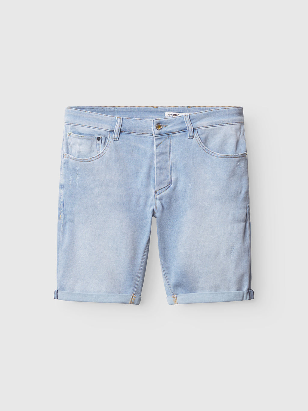 Gabbas Jason K3787 SANZA Shorts in light blue denim feature rolled cuffs and five pockets, made from a super-stretch fabric, displayed on a white background.