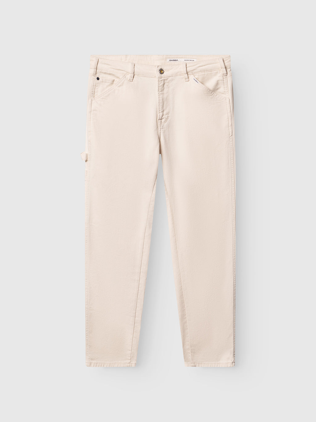 The Gabba Max Luis Work2 - Ecru straight-leg jeans feature five pockets, button and zipper closure, and belt loops, shown laid flat on a light gray background for a modern touch.