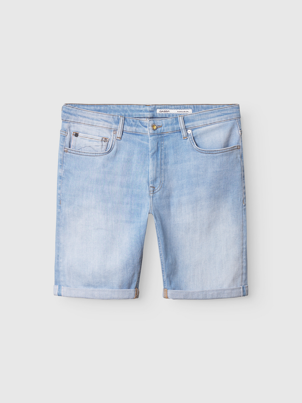 Gabba Markus Selvedge Shorts Limited in light blue denim, featuring a comfortable fit, rolled cuffs, five pockets, and a button closure, shown flat on a white background.