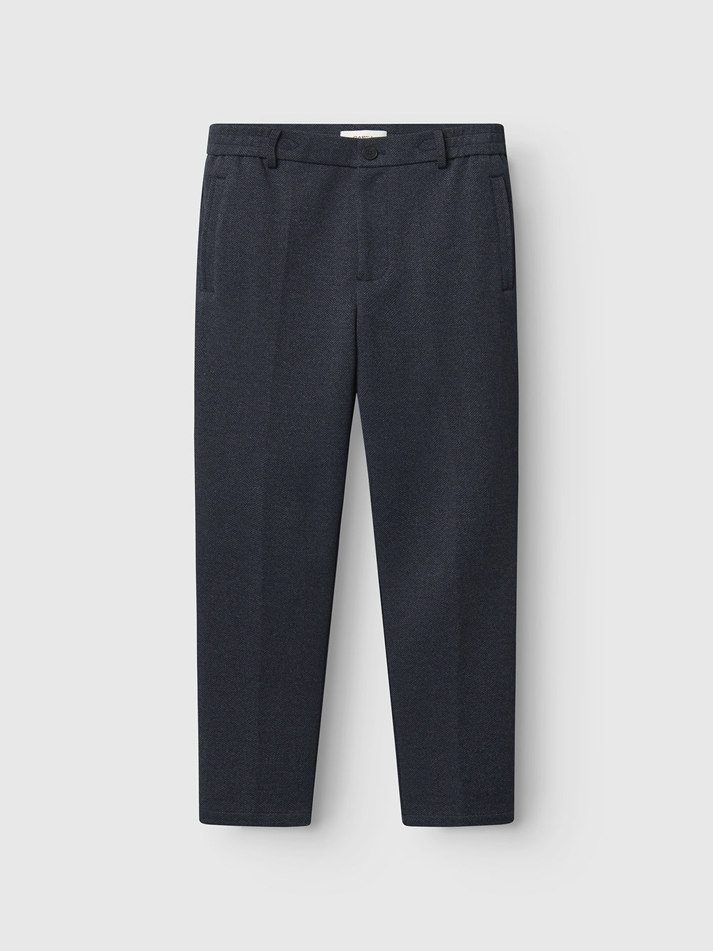 The Monza Tweed navy pants by Gabba feature a single button, zip fly, side pockets, and a straight-leg design for a sophisticated look.