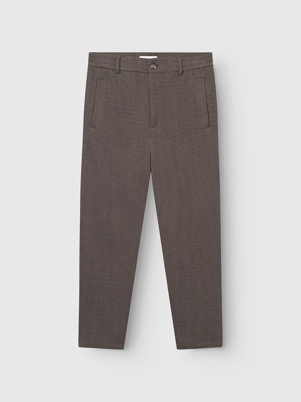 The Monza Tweed - Brown pants by Gabba feature a tailored design with a button and zipper closure, two front pockets, and a clean straight-leg silhouette on a light gray backdrop for an elegant look.