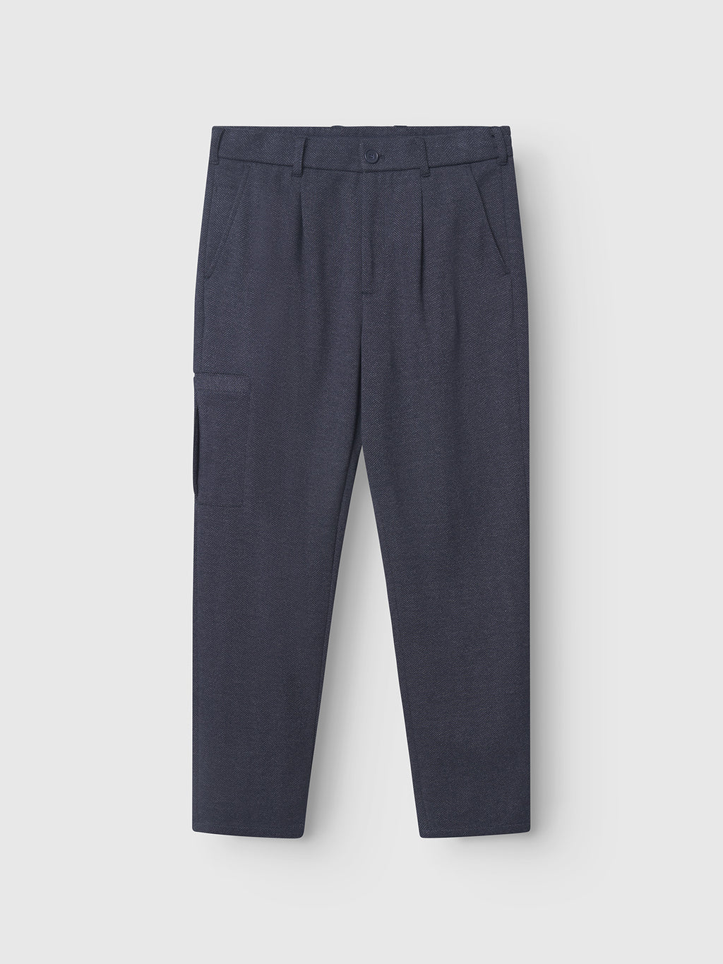 Gabbas Napoli 19 Tweed trousers in navy feature a classic style with folded hem, button closure, belt loops, side pockets, and a small pocket. The fabric has a slight sheen for comfort. Presented against a light gray background, these pants exude timeless elegance.