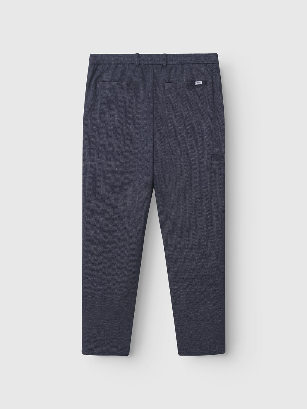 The back view of the Napoli 19 Tweed - Navy cargo pants by Gabba highlights their classic style with straight legs, two rear pockets, and a side pocket on the right leg for comfort. Set against a plain white background.