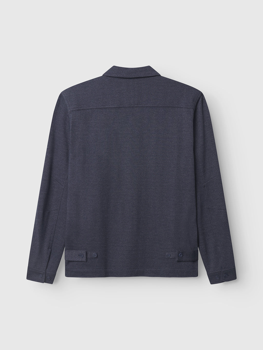 Back view of Gabbas Peter Tweed blazer in navy, showcasing classic style. It has a tailored fit with straight cut, two buttoned sleeves, and adjustable waist tabs. The fabric is smooth and finely woven.